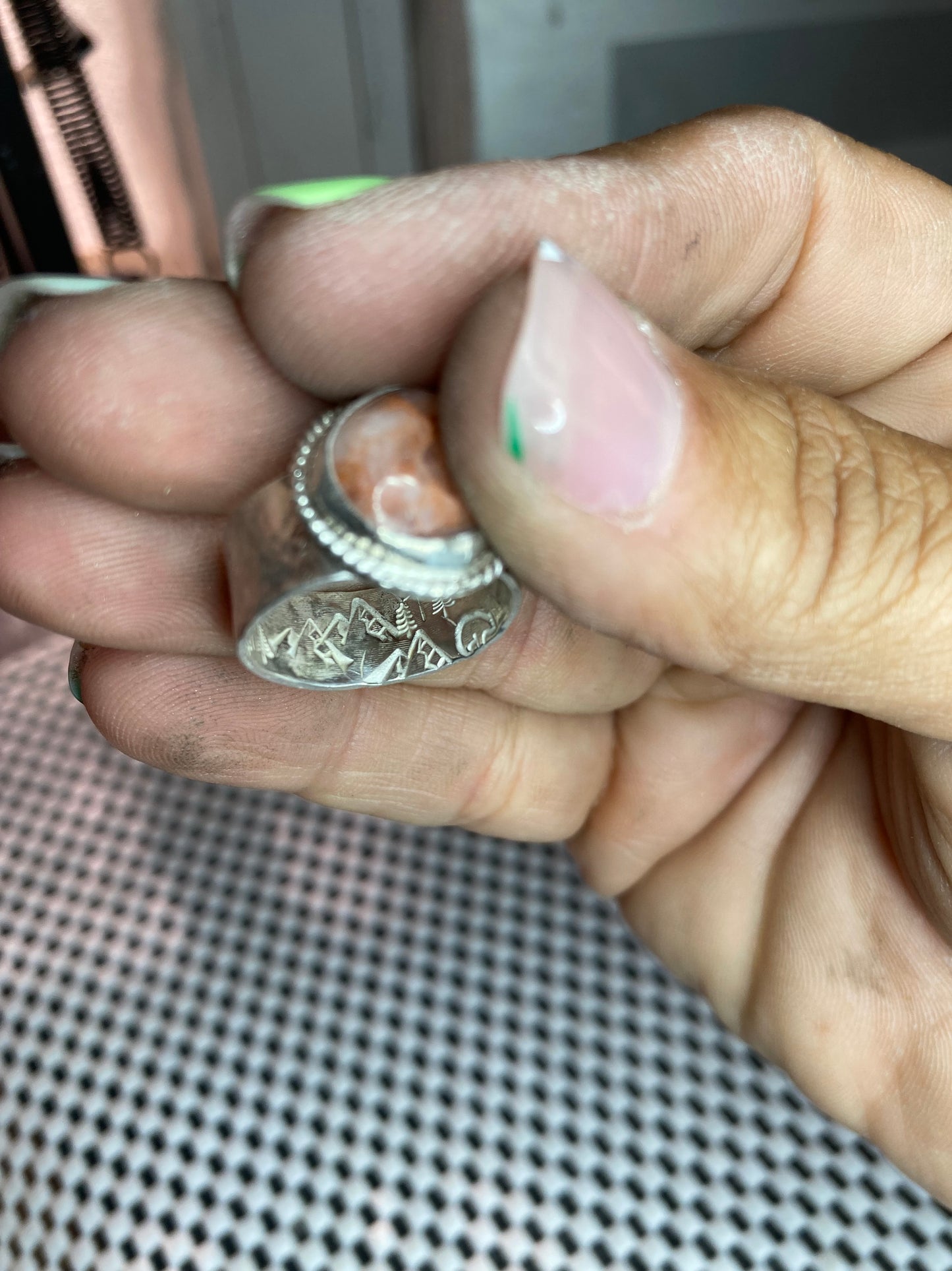 Adventure Boho Rose Quartz chunky stamped band, size 6.5, hand made, sterling silver