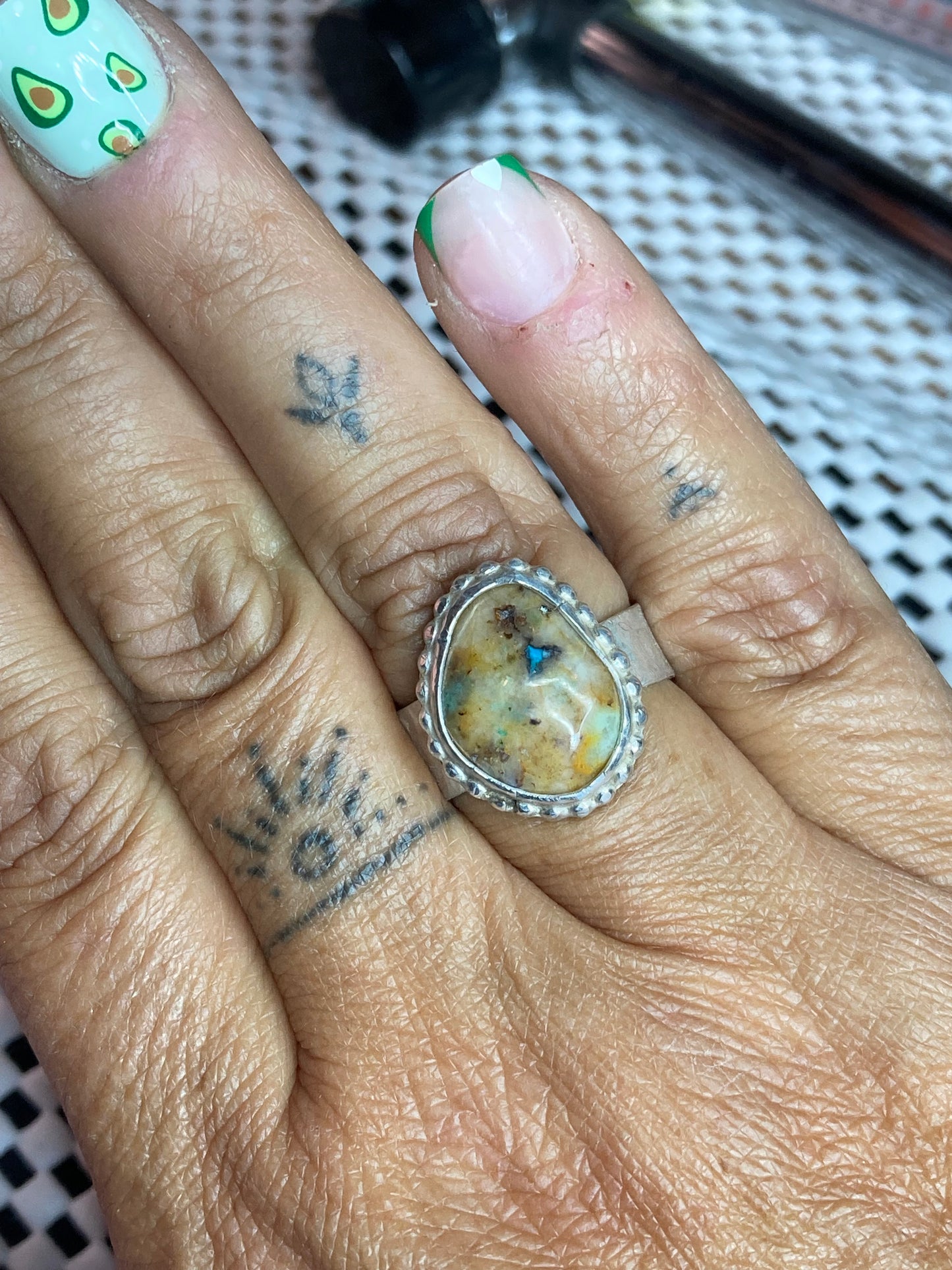 Fun Boho Chrysocolla ring, chunky band, size 7.5, hand made, sterling silver