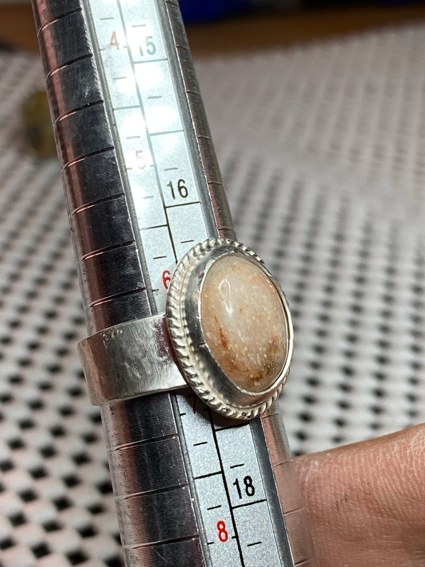 Boho Rose Quartz chunky offset band, size 6.5, hand made, sterling silver