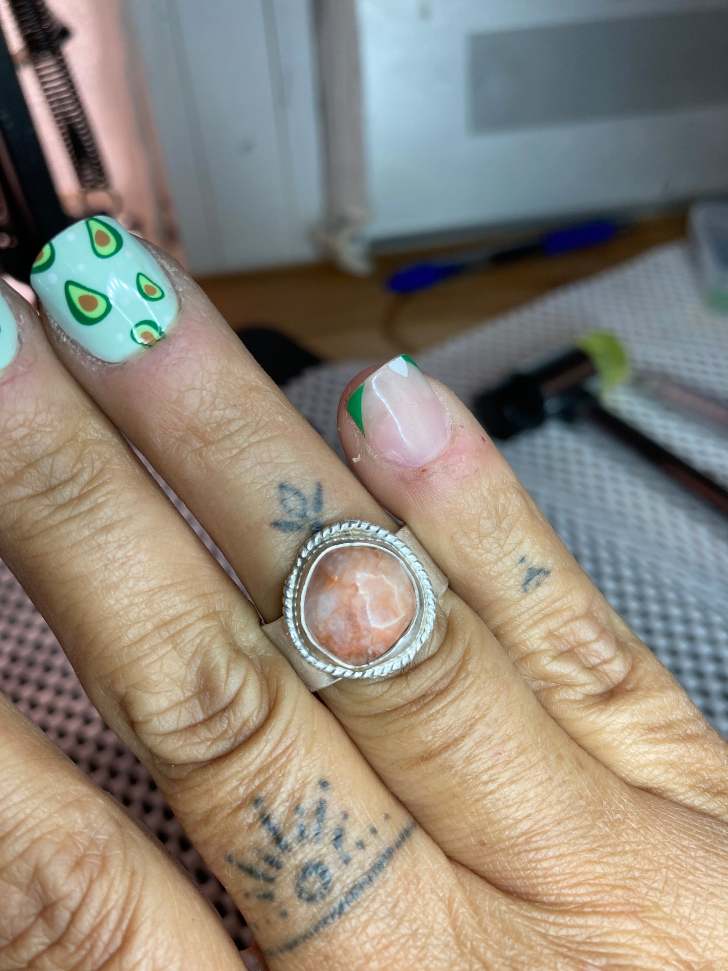 Adventure Boho Rose Quartz chunky stamped band, size 6.5, hand made, sterling silver