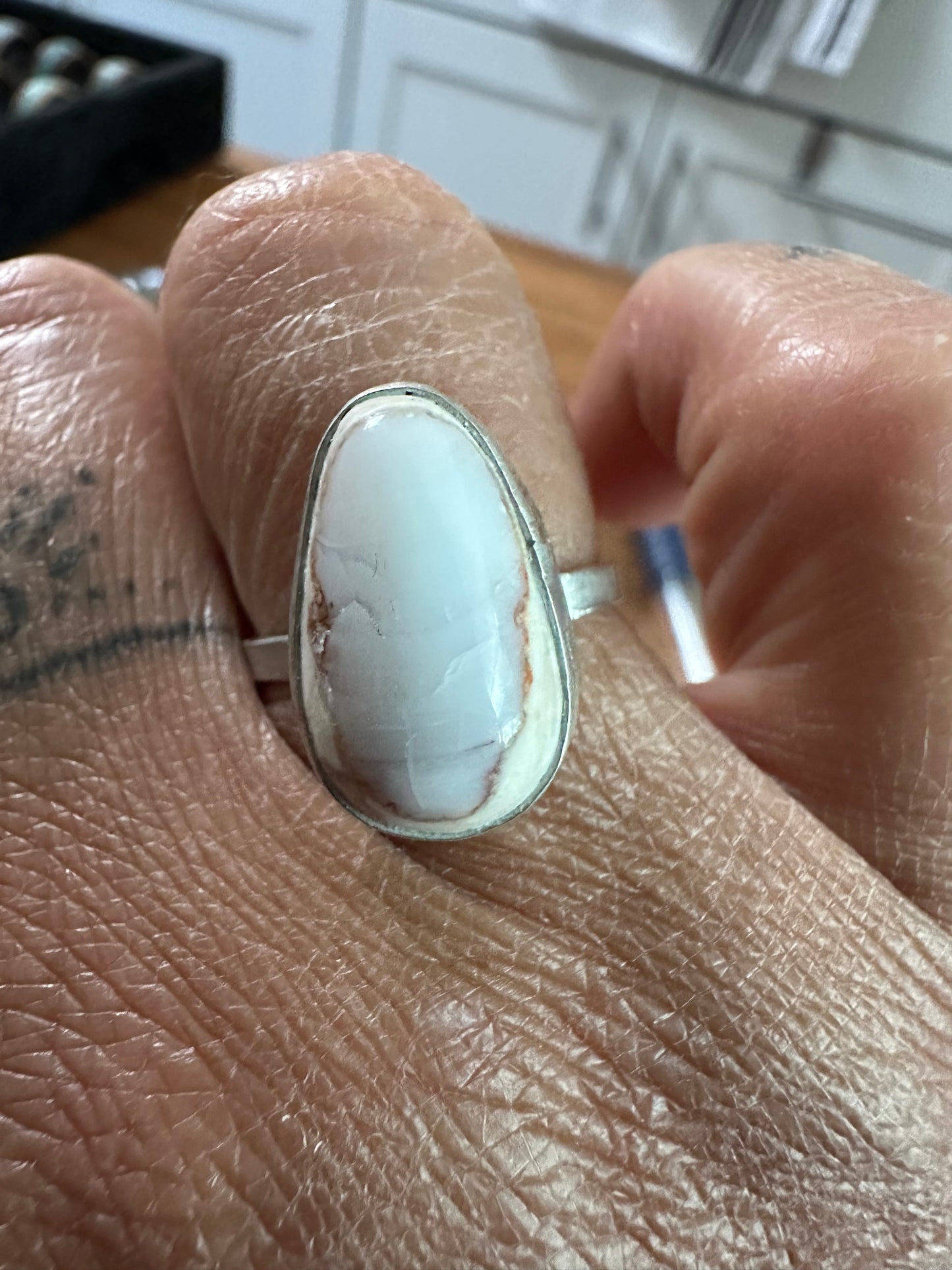 Idaho White Opal ring , size 7.5, hand made, sterling silver