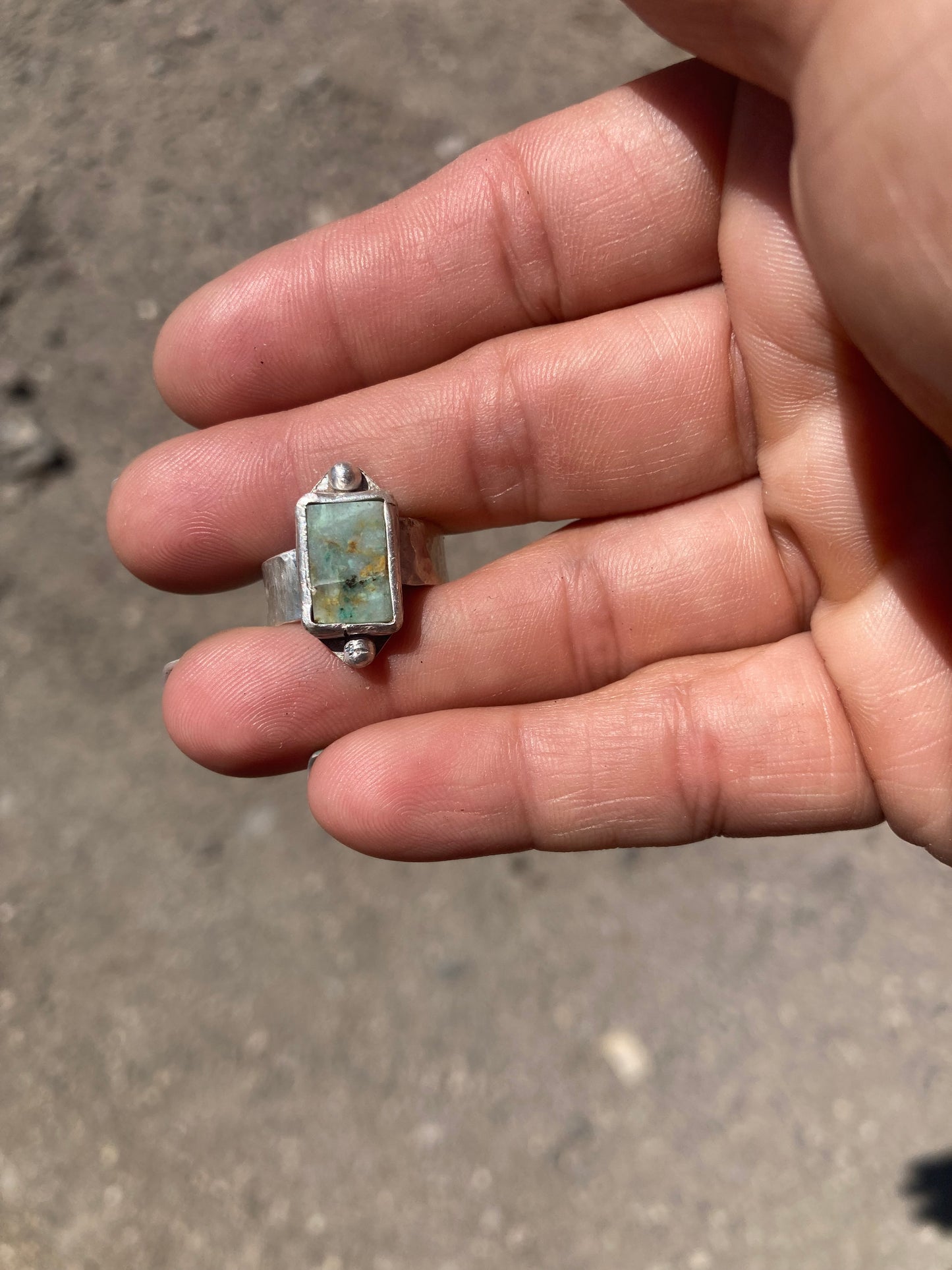 Fun Boho Rectangular Chrysocolla ring, chunky band, size 6.5, hand made, sterling silver