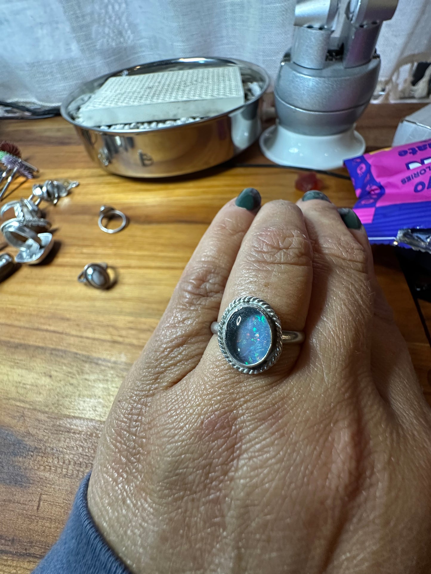 Gorgeous Spencer Idaho Opal ring, size 7.5, hand made, sterling silver