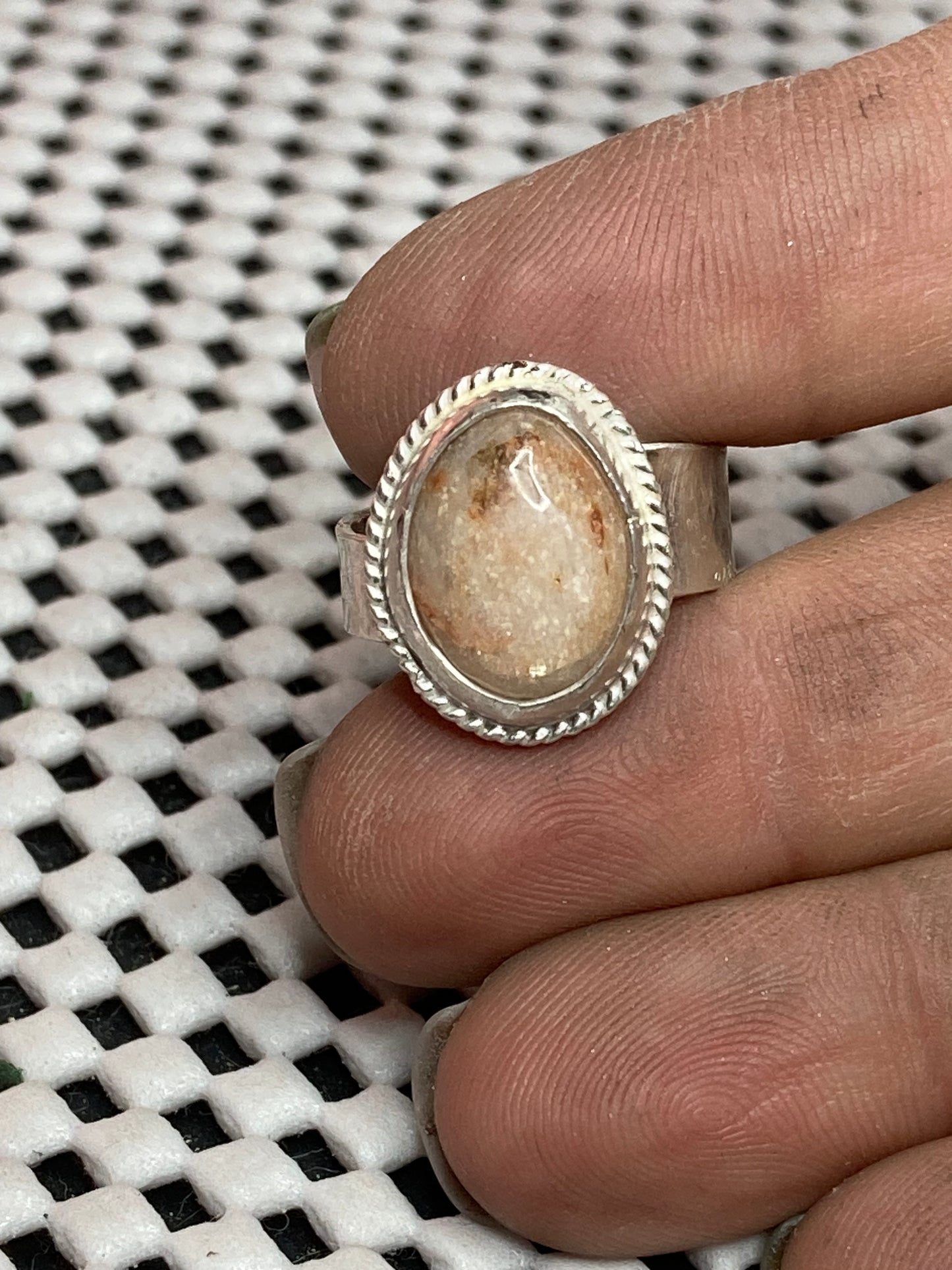 Boho Rose Quartz chunky offset band, size 6.5, hand made, sterling silver