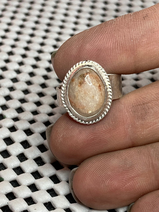 Boho Rose Quartz chunky offset band, size 6.5, hand made, sterling silver