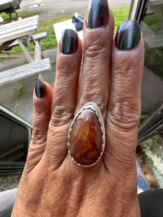 Fun Boho Amber Quartz cabochon ring, size 8, hand made, sterling silver