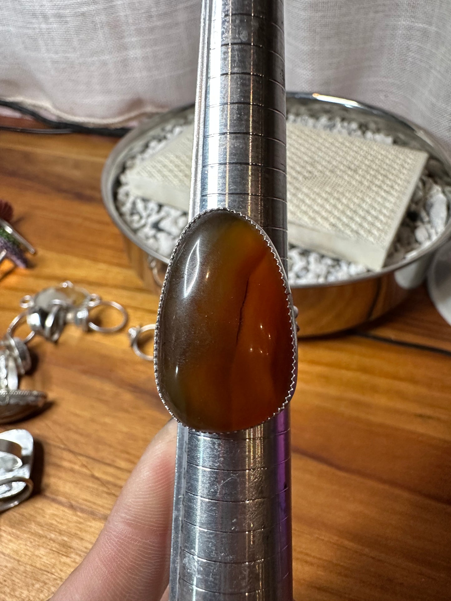 Striped Yellowstone River Agatized Wood cabochon ring , size 8.5, hand made, sterling silver