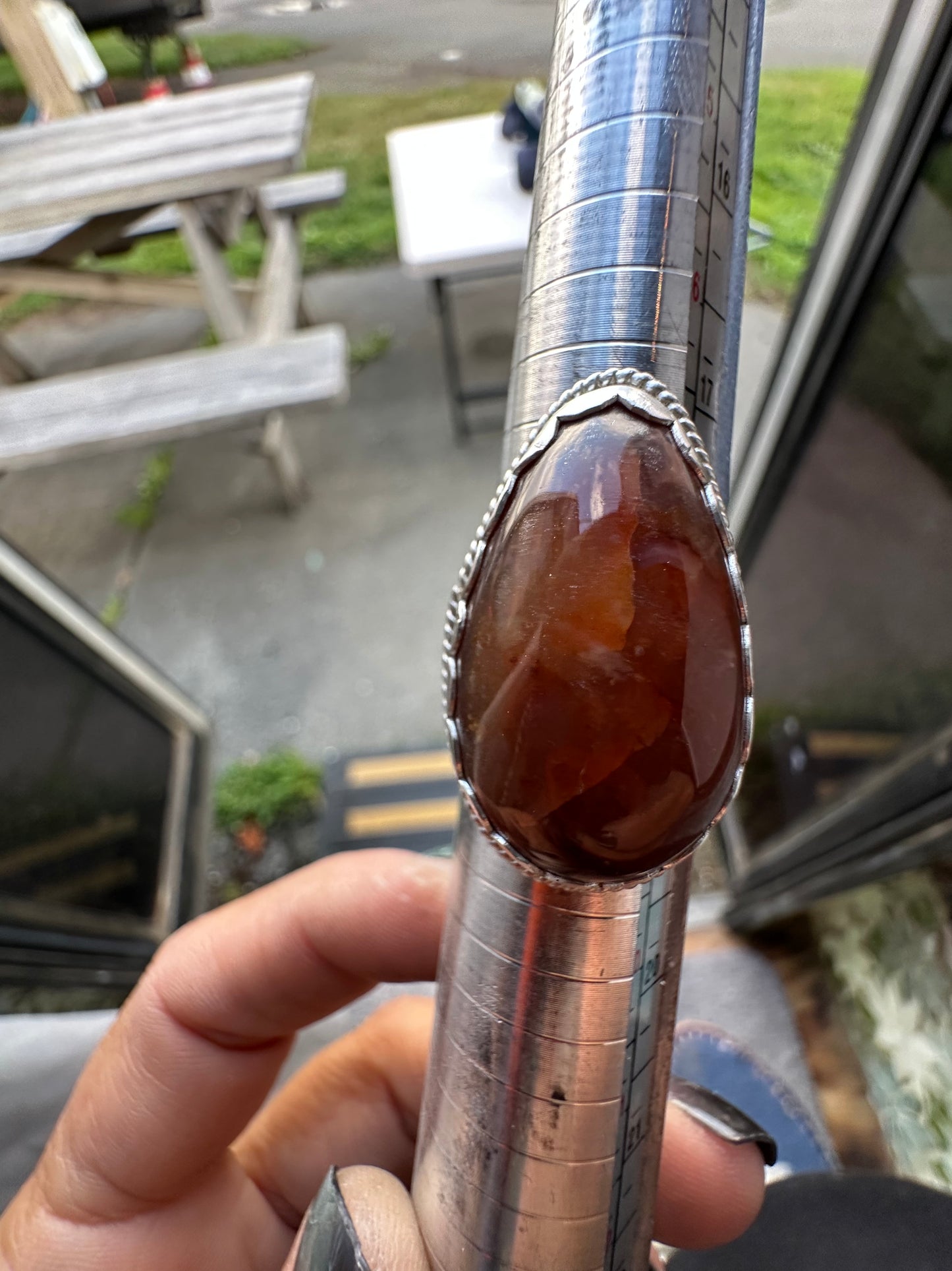 Fun Boho Amber Quartz cabochon ring, size 8, hand made, sterling silver