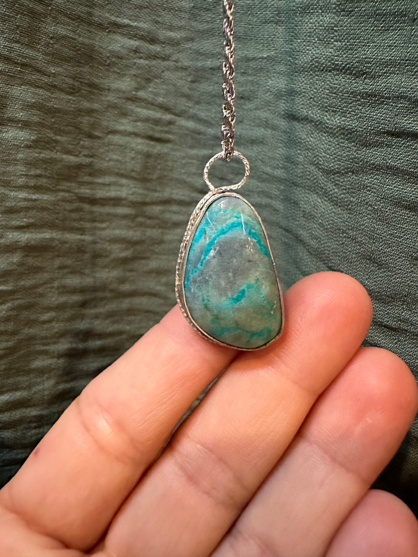 Chrysocolla Pendant, hand made, sterling silver