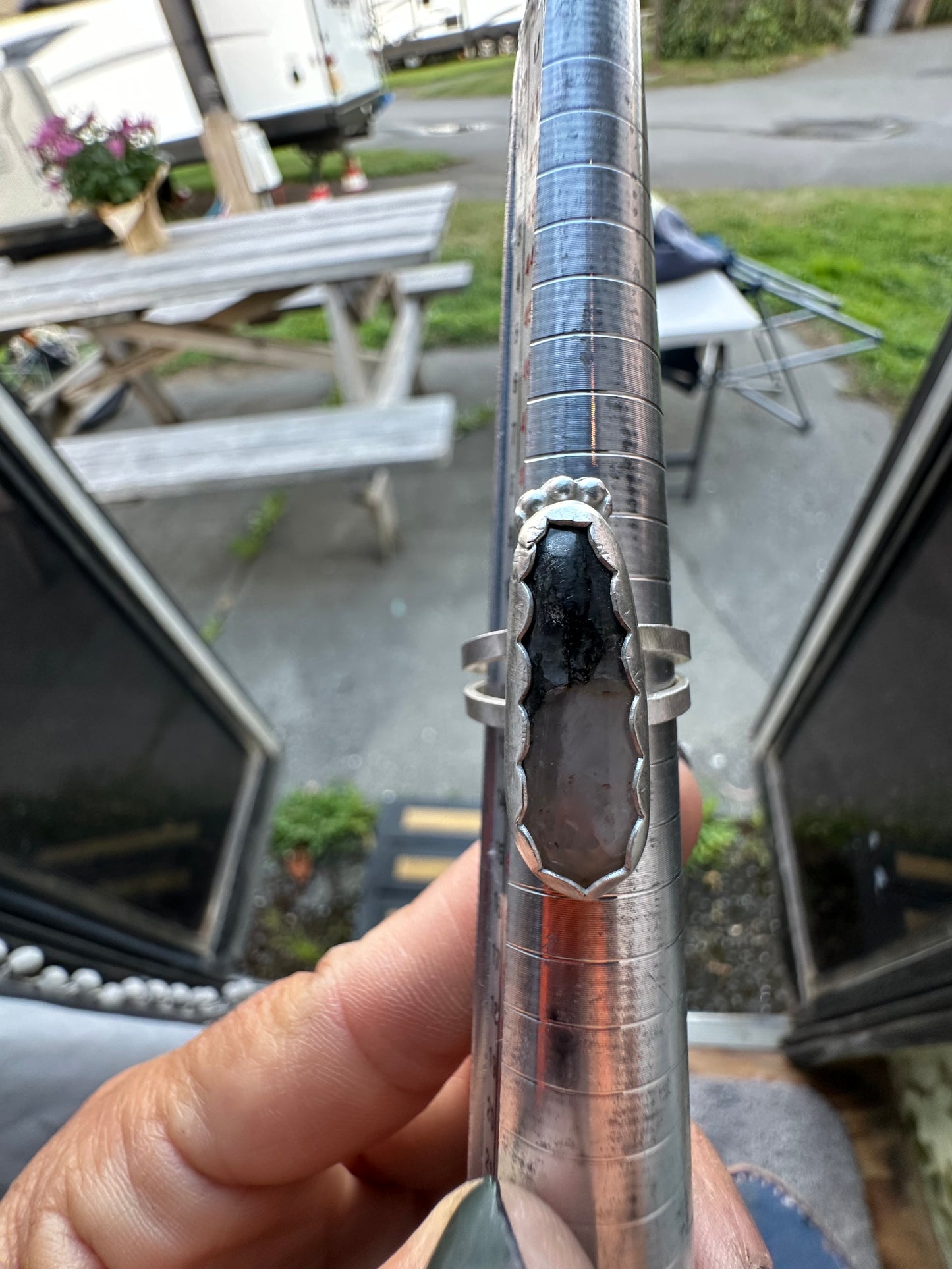 Boho Multi-colored Quartz ring with split band, size 6.5, hand made, sterling silver