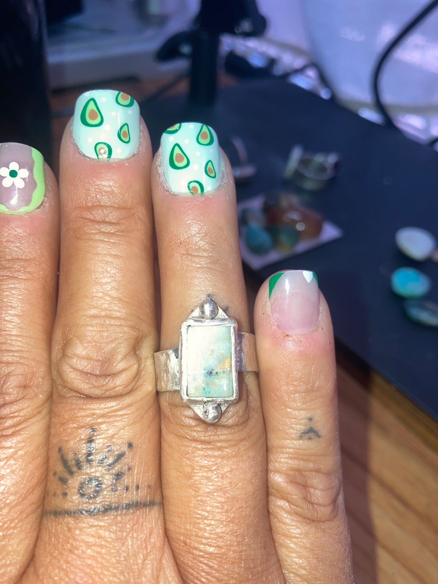 Fun Boho Rectangular Chrysocolla ring, chunky band, size 6.5, hand made, sterling silver