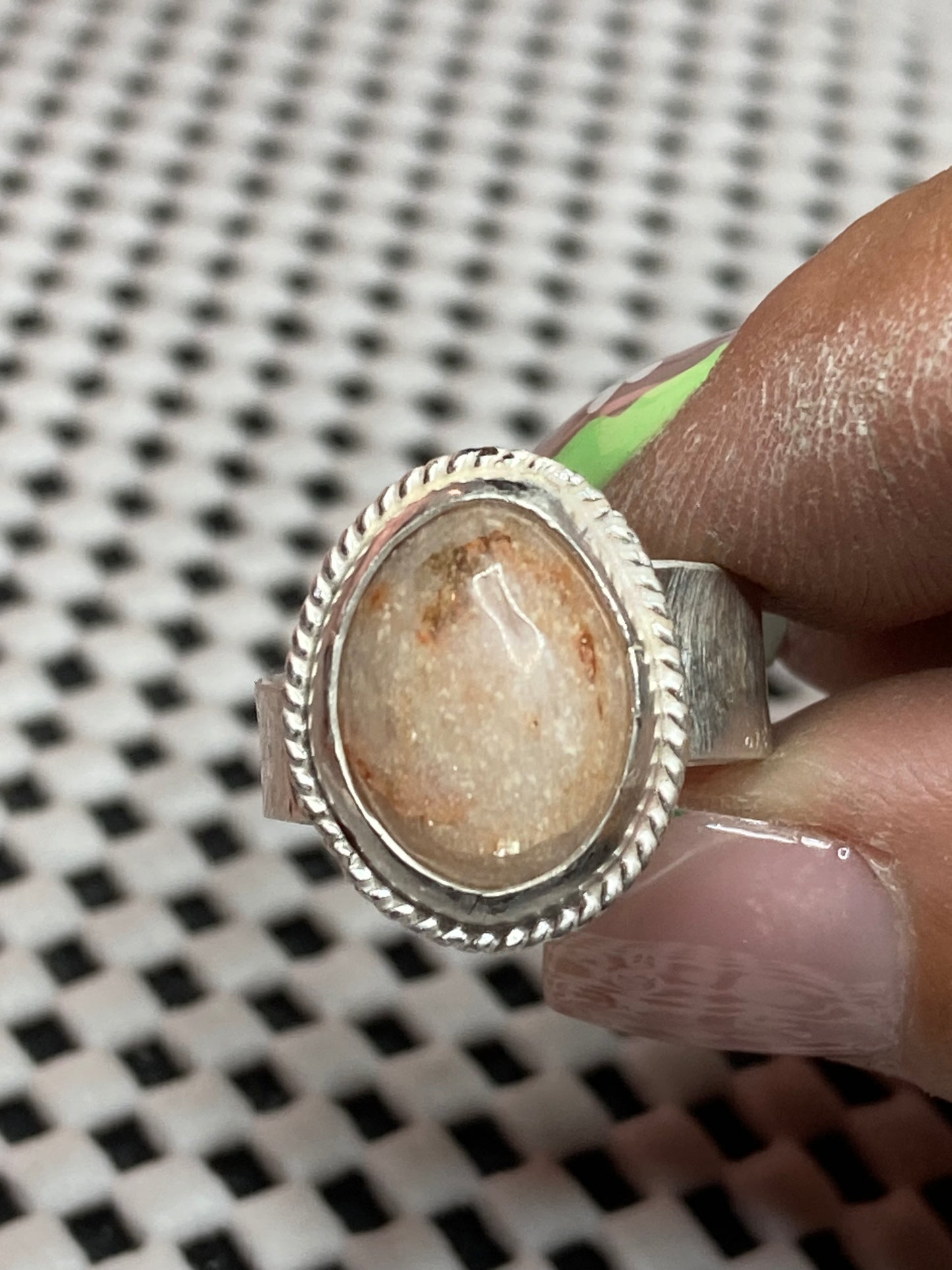 Boho Rose Quartz chunky offset band, size 6.5, hand made, sterling silver