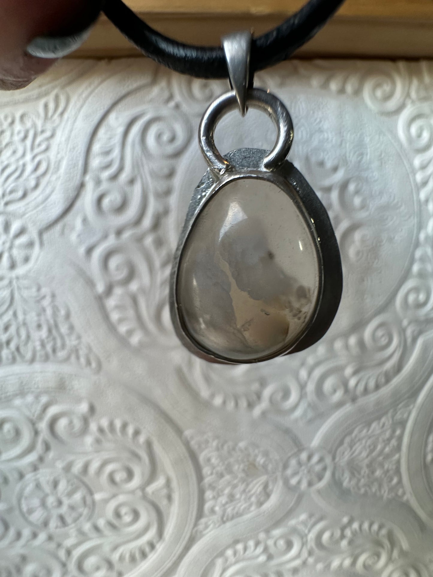 Fun Boho Pendant, Clear with white inclusions Yellowstone River Agate, hand made, sterling silver