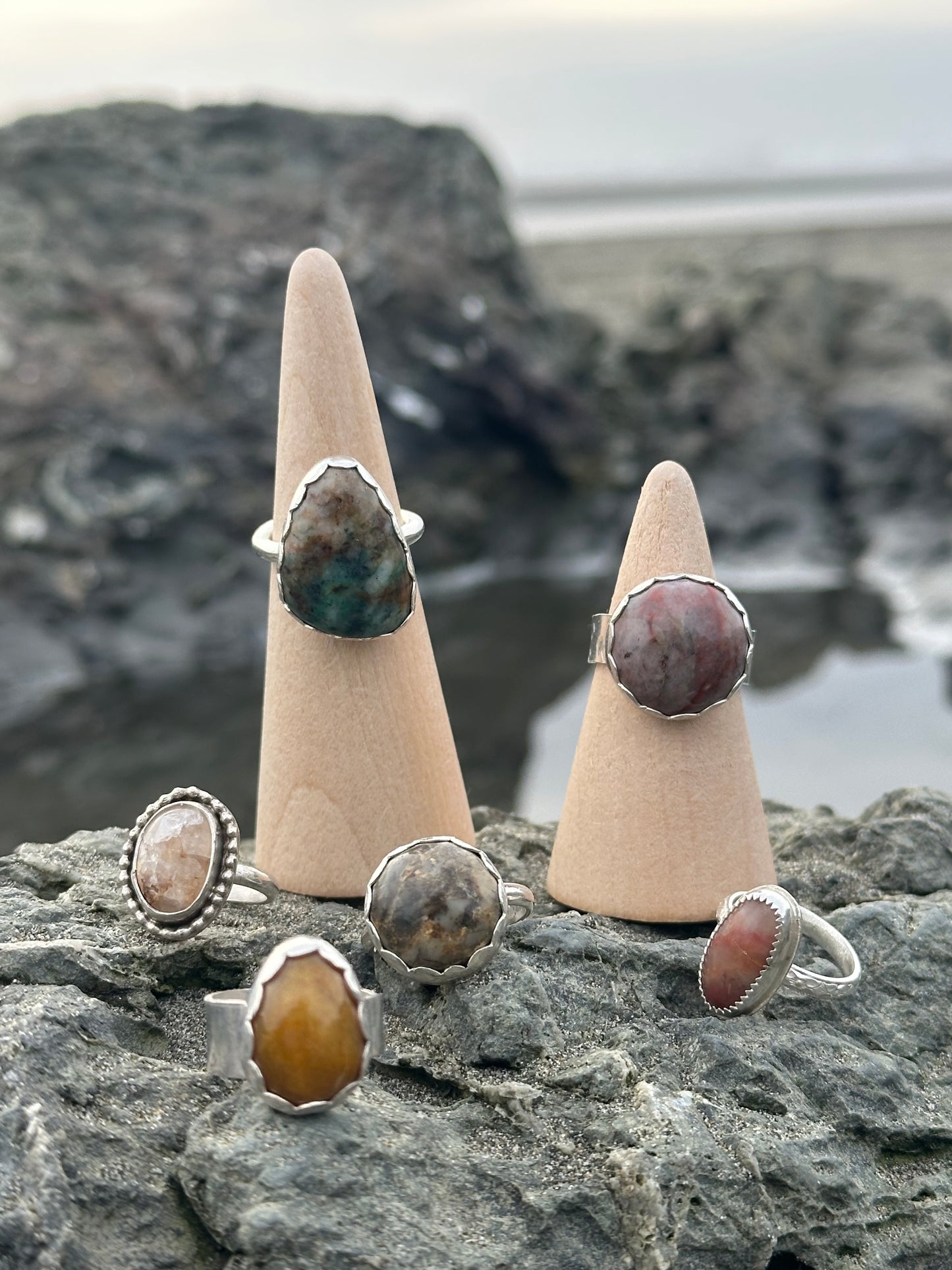 Chunky stamped band with Golden chalcedony from NorCal coast, size 6