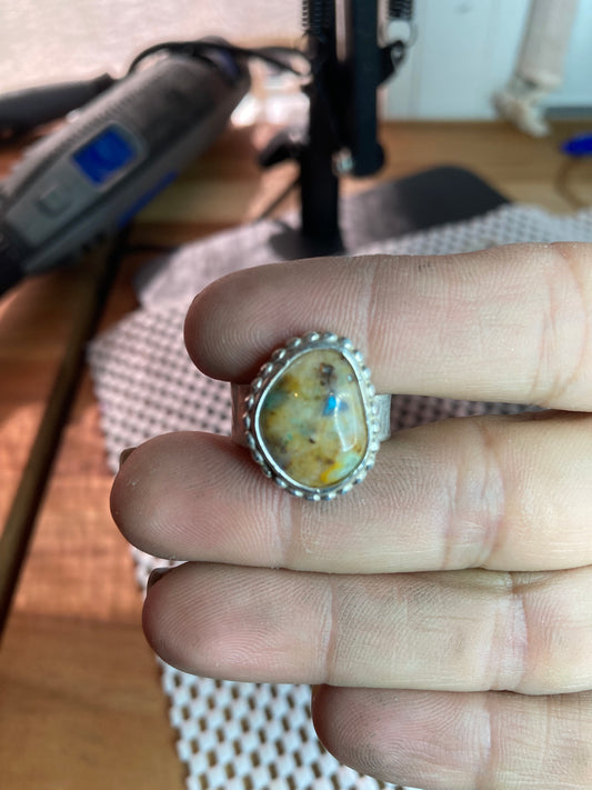 Fun Boho Chrysocolla ring, chunky band, size 7.5, hand made, sterling silver