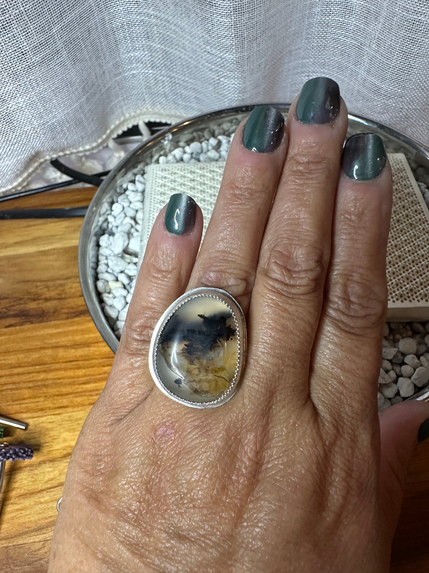 Yellowstone River Agate cabochon ring , size 6, hand made, sterling silver