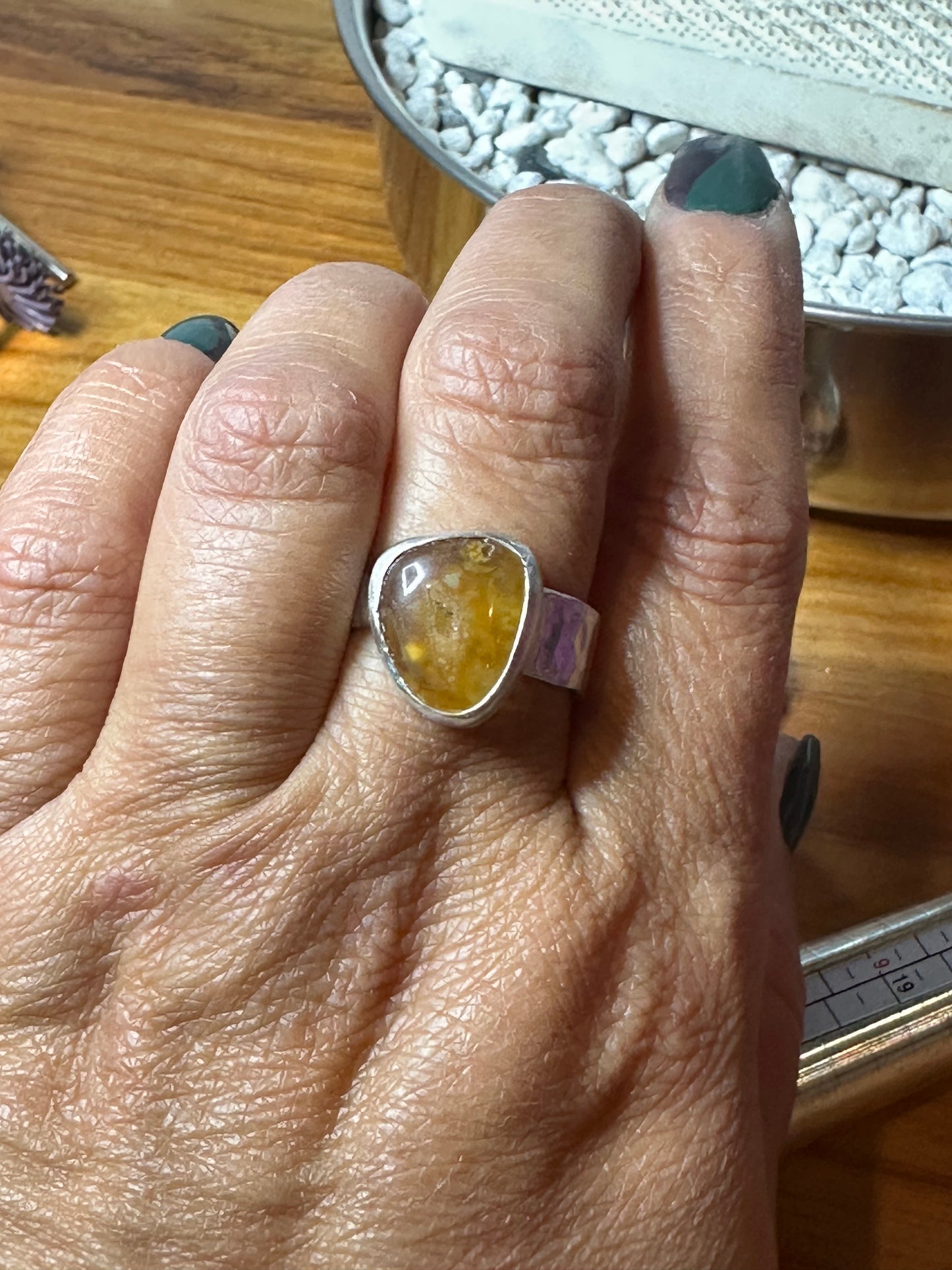 Druzy Yellow Yellowstone River Agate cabochon ring , size 9, hand made, sterling silver