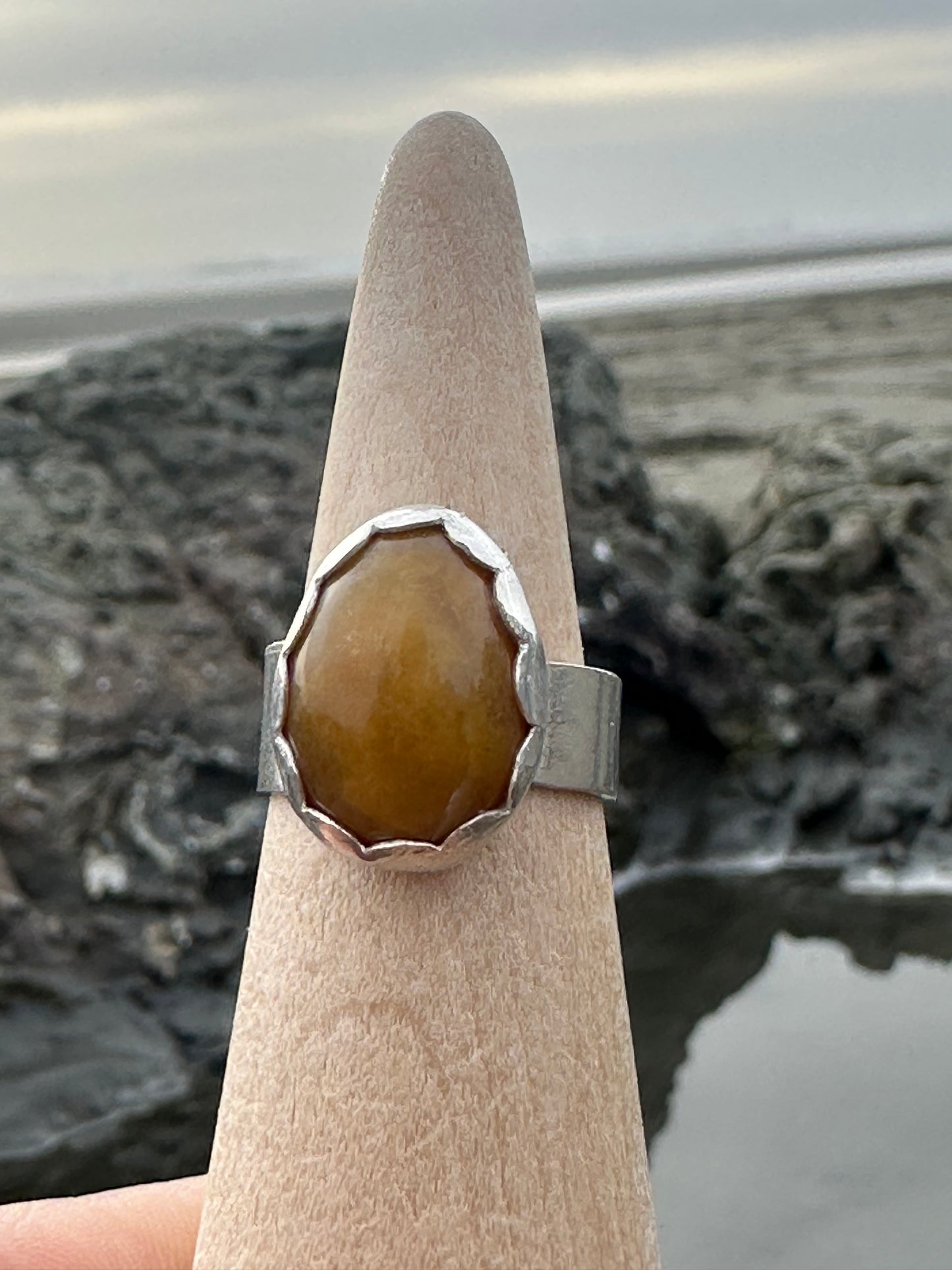 Chunky stamped band with Golden chalcedony from NorCal coast, size 6