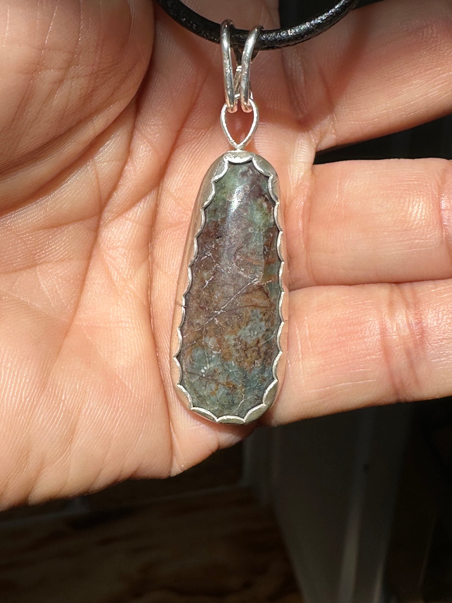 Boho, long, Chrysocolla in host rock, Pendant, hand made, sterling silver