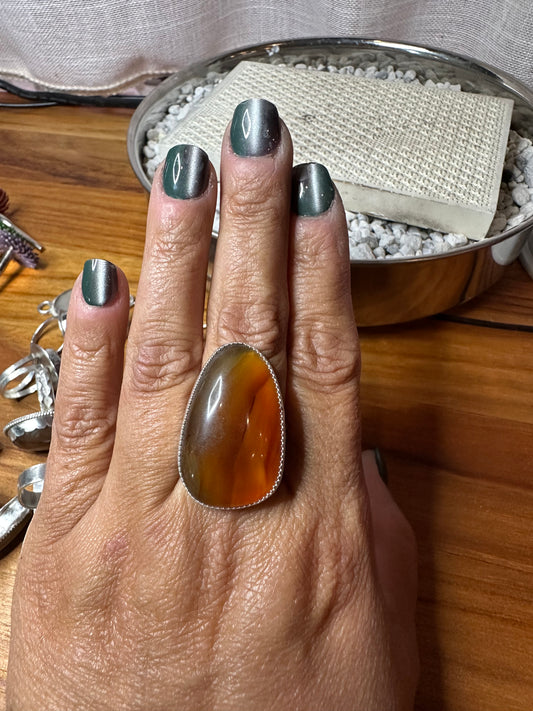 Striped Yellowstone River Agatized Wood cabochon ring , size 8.5, hand made, sterling silver